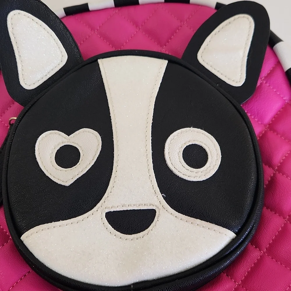 Betsey Johnson Frenchie Puppy Dog Backpack. Quilted Pink Black White. Size 13x11